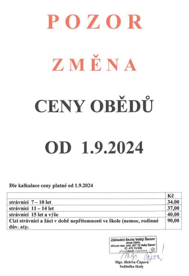 Změna cen obědů od 1. 9. 2024